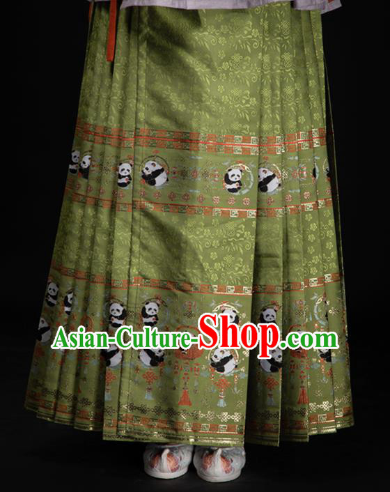 Chinese Traditional Panda Pattern Design Olive Green Brocade Fabric Asian China Satin Hanfu Material