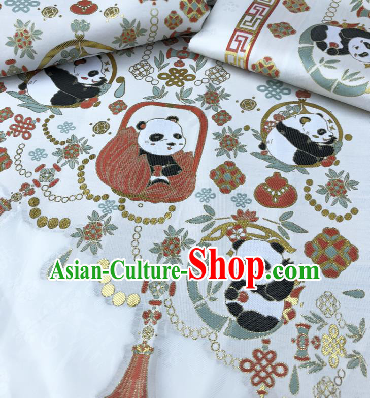 Chinese Traditional Panda Pattern Design White Brocade Fabric Asian China Satin Hanfu Material