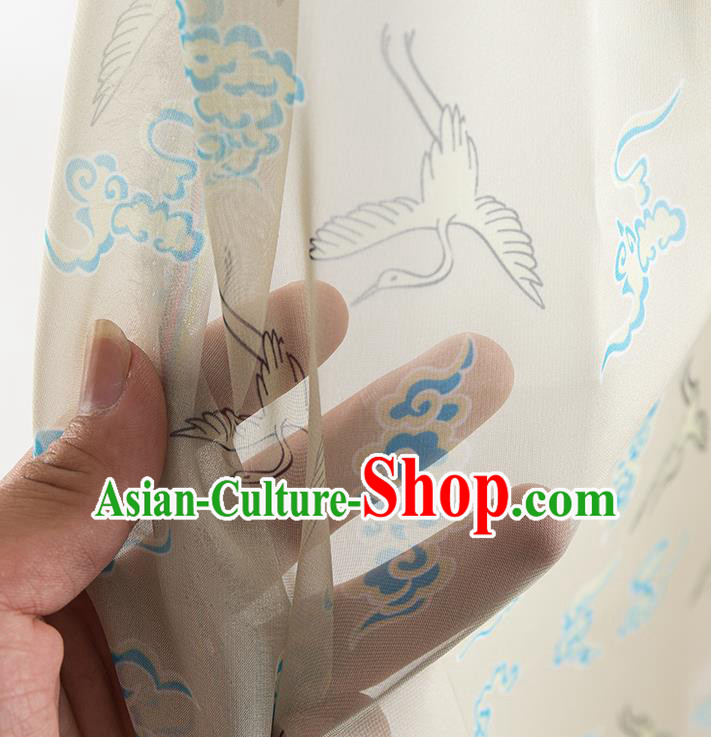 Chinese Traditional Printing Crane Pattern Design White Chiffon Fabric Asian China Hanfu Material