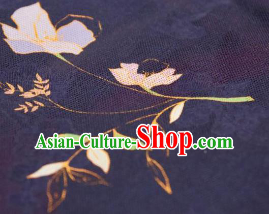 Chinese Traditional Jasminum Pattern Design Navy Silk Fabric Asian China Hanfu Mulberry Silk Material