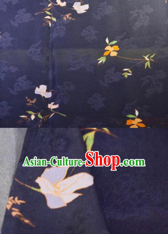 Chinese Traditional Jasminum Pattern Design Navy Silk Fabric Asian China Hanfu Mulberry Silk Material