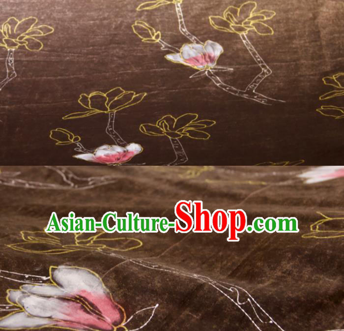 Chinese Traditional Yulan Magnolia Pattern Design Brown Silk Fabric Asian China Hanfu Gambiered Guangdong Mulberry Silk Material