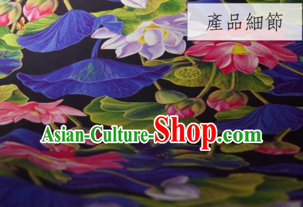 Chinese Traditional Lotus Pattern Design Black Silk Fabric Asian China Hanfu Gambiered Guangdong Mulberry Silk Material