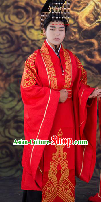 Chinese Traditional Wedding Red Clothing Ancient Han Dynasty Bridegroom Scholar Costumes for Men