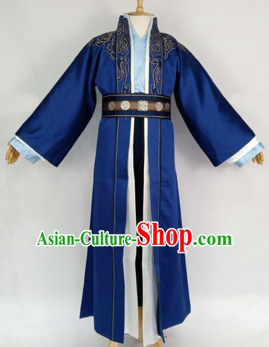 Chinese Traditional Nobility Childe Blue Clothing Ancient Han Dynasty Prince Costumes for Men