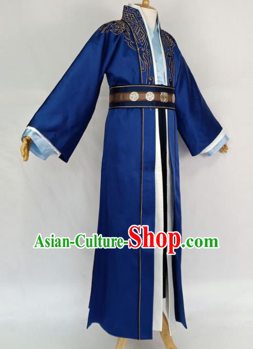 Chinese Traditional Nobility Childe Blue Clothing Ancient Han Dynasty Prince Costumes for Men