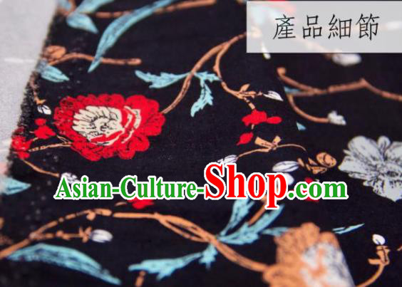 Chinese Traditional Vine Flowers Pattern Design Black Silk Fabric Asian China Hanfu Gambiered Guangdong Mulberry Silk Material