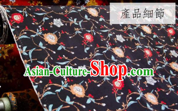 Chinese Traditional Vine Flowers Pattern Design Black Silk Fabric Asian China Hanfu Gambiered Guangdong Mulberry Silk Material