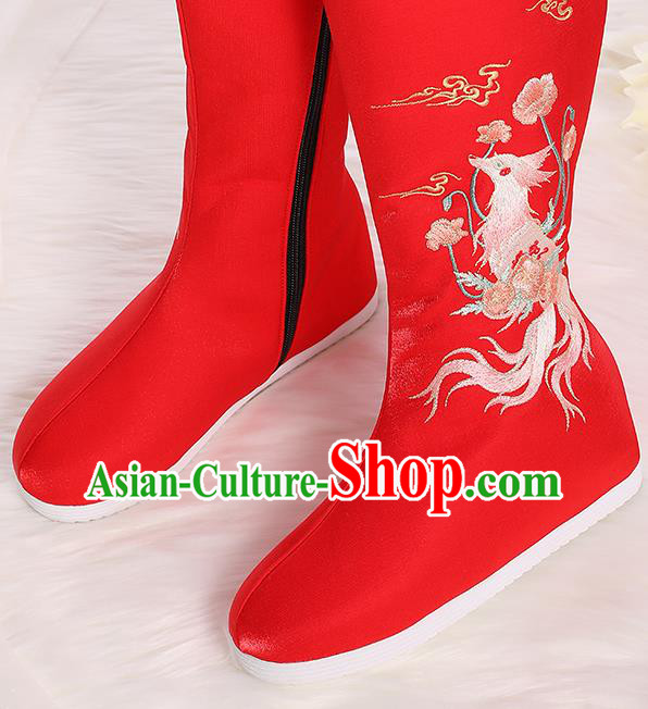 Asian Chinese Red Embroidered Fox Boots Traditional Opera Boots Hanfu Shoes for Women