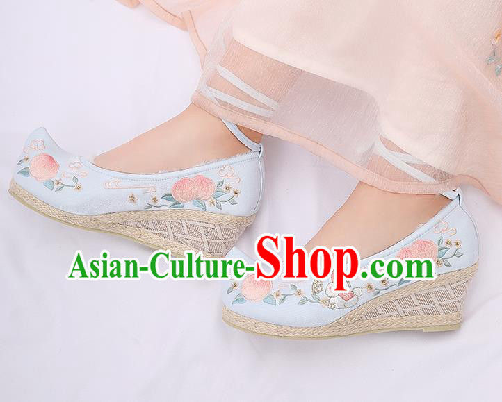 Asian Chinese Winter Blue Wedge Heel Shoes Embroidered Peach Rabbit Shoes Traditional Opera Shoes Hanfu Shoes for Women