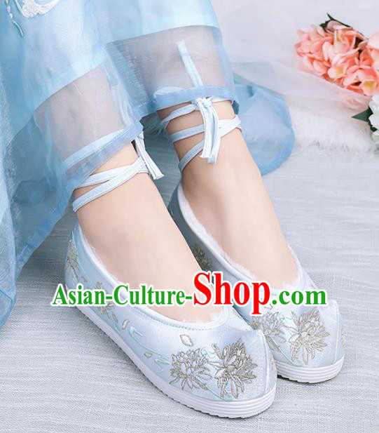 Asian Chinese Winter Light Blue Bow Shoes Embroidered Epiphyllum Shoes Traditional Opera Shoes Hanfu Shoes for Women