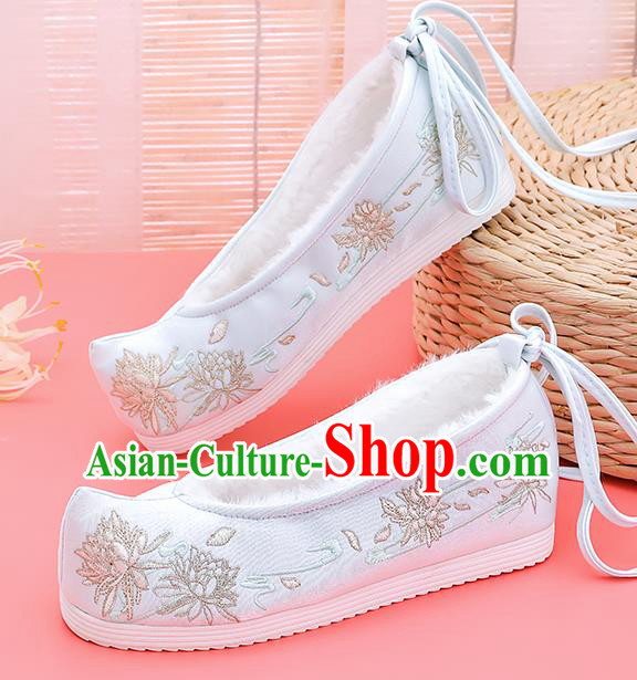Asian Chinese Winter Light Blue Bow Shoes Embroidered Epiphyllum Shoes Traditional Opera Shoes Hanfu Shoes for Women