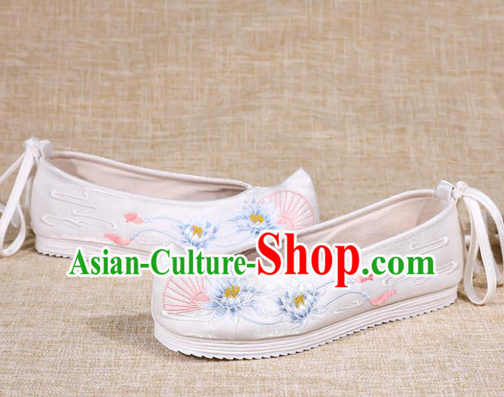 Asian Chinese White Bow Shoes Embroidered Epiphyllum Shoes Traditional Opera Shoes Hanfu Shoes for Women