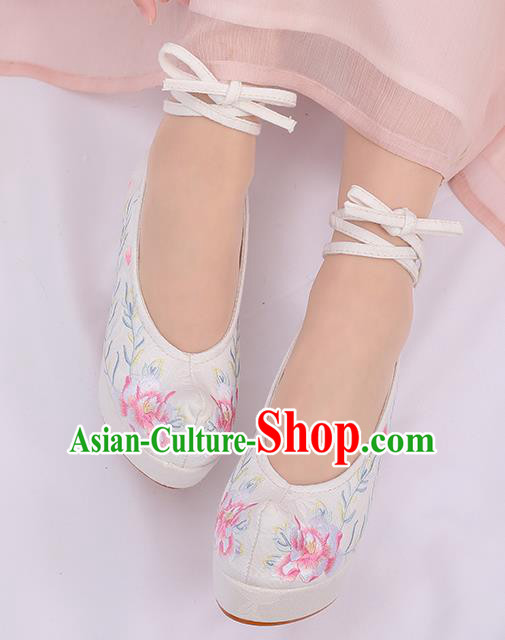 Asian Chinese White High Heel Shoes Embroidered Shoes Traditional Opera Shoes Hanfu Shoes for Women