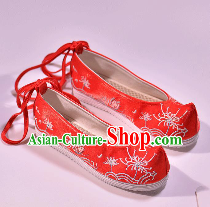 Asian Chinese Red Hanfu Shoes Embroidered Red Spider Lily Shoes Traditional Opera Shoes Princess Shoes for Women