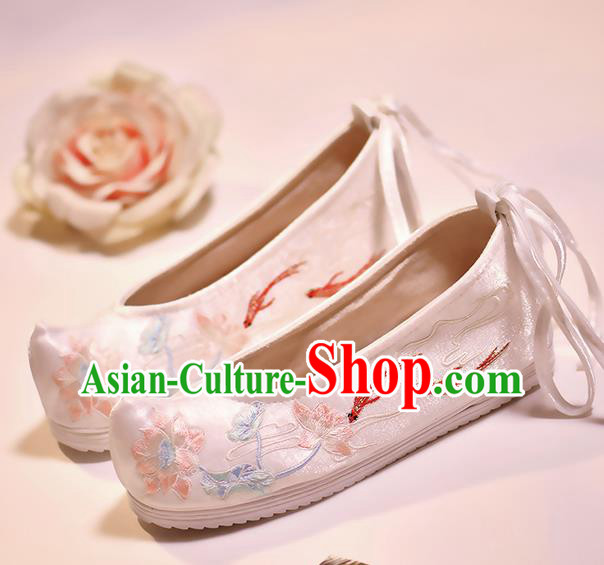 Asian Chinese Embroidered Fish Lotus White Shoes Hanfu Shoes Traditional Opera Shoes Princess Shoes for Women