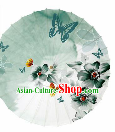 Chinese Traditional Printing Flowers Butterfly Green Oil Paper Umbrella Artware Paper Umbrella Classical Dance Umbrella Handmade Umbrellas