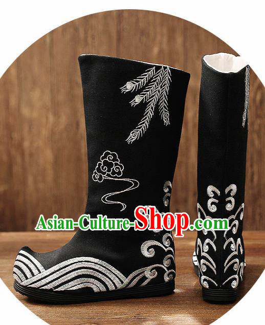 Asian Chinese Black Embroidered Boots Traditional Opera Boots Hanfu Shoes for Women