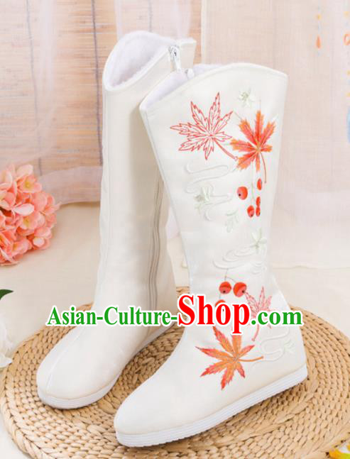 Asian Chinese Embroidered Maple Leaf White Boots Traditional Opera Boots Hanfu Shoes for Women