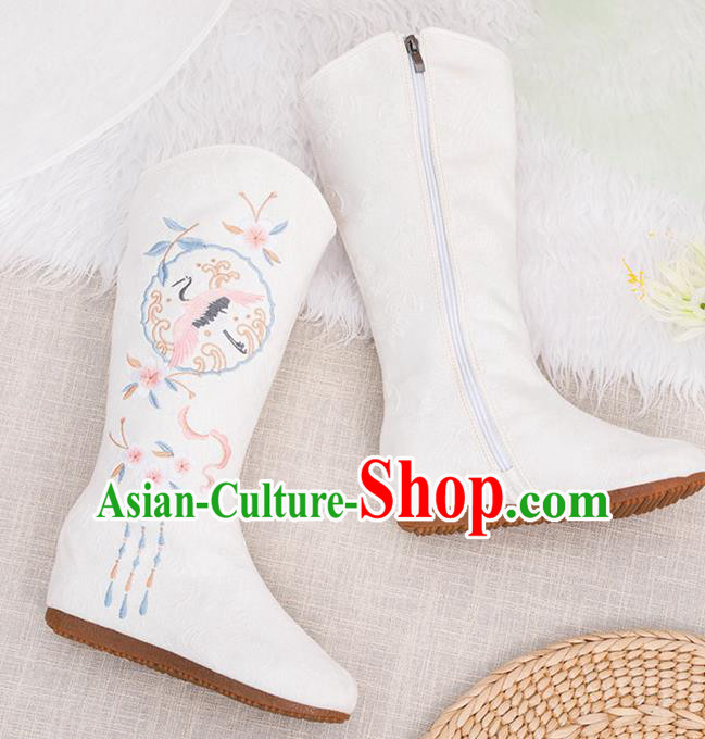 Asian Chinese Embroidered Crane White Boots Traditional Opera Boots Hanfu Shoes for Women