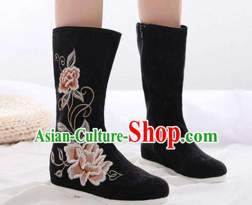 Asian Chinese Embroidered Peony Black Boots Traditional Opera Boots Hanfu Shoes for Women