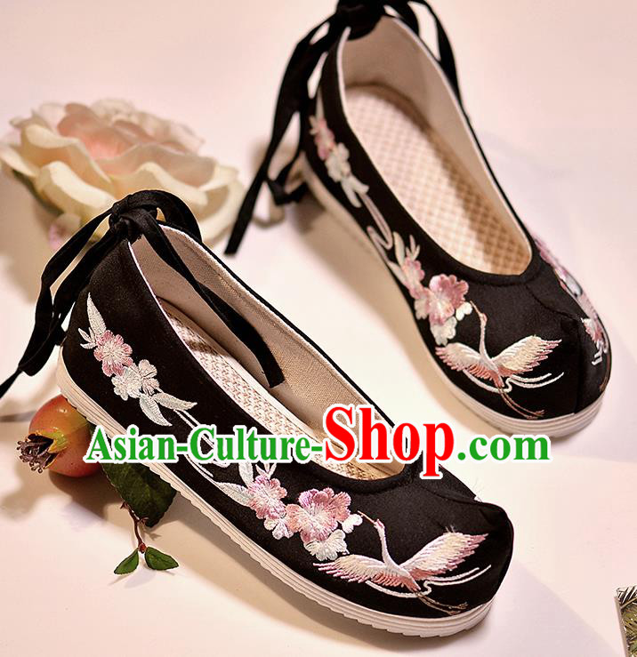 Asian Chinese Embroidered Crane Flowers Black Shoes Hanfu Shoes Traditional Opera Shoes Princess Shoes for Women