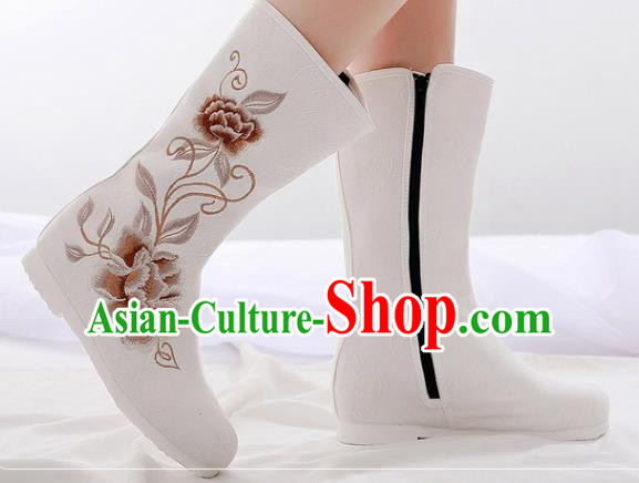 Asian Chinese Embroidered Peony White Boots Traditional Opera Boots Hanfu Shoes for Women