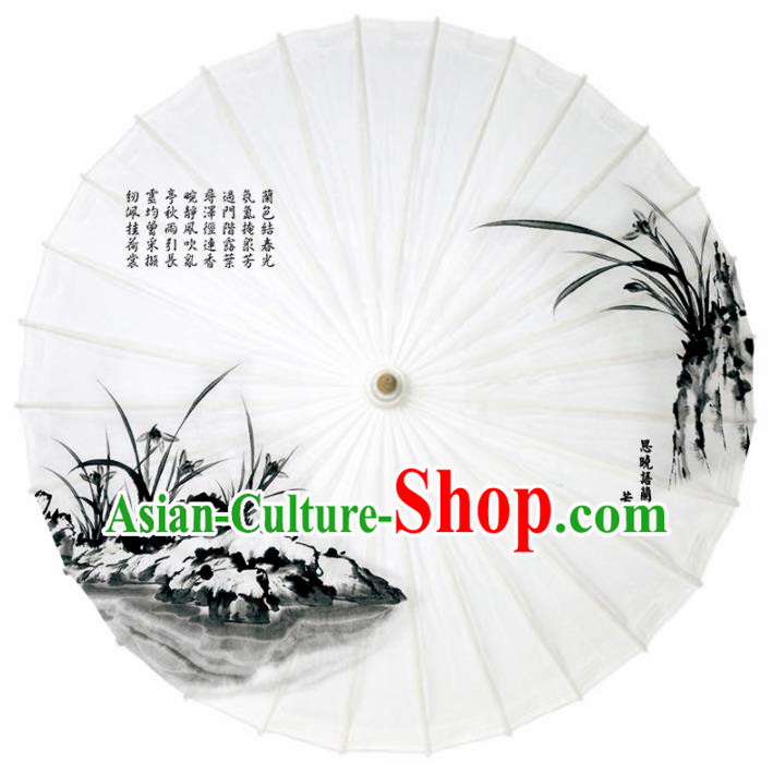 Chinese Traditional Ink Painting Orchid White Oil Paper Umbrella Artware Paper Umbrella Classical Dance Umbrella Handmade Umbrellas