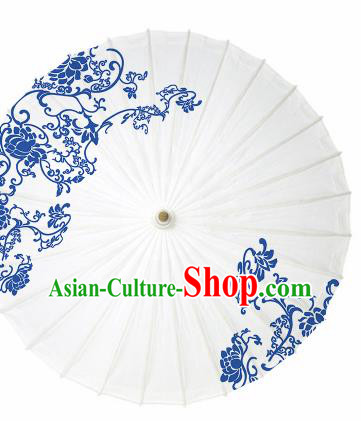 Chinese Traditional Printing Twine Lotus White Oil Paper Umbrella Artware Paper Umbrella Classical Dance Umbrella Handmade Umbrellas