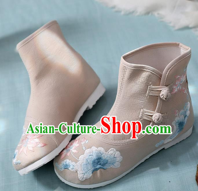 Asian Chinese Embroidered Lotus Khaki Ankle Boots Traditional Opera Boots Hanfu Shoes for Women