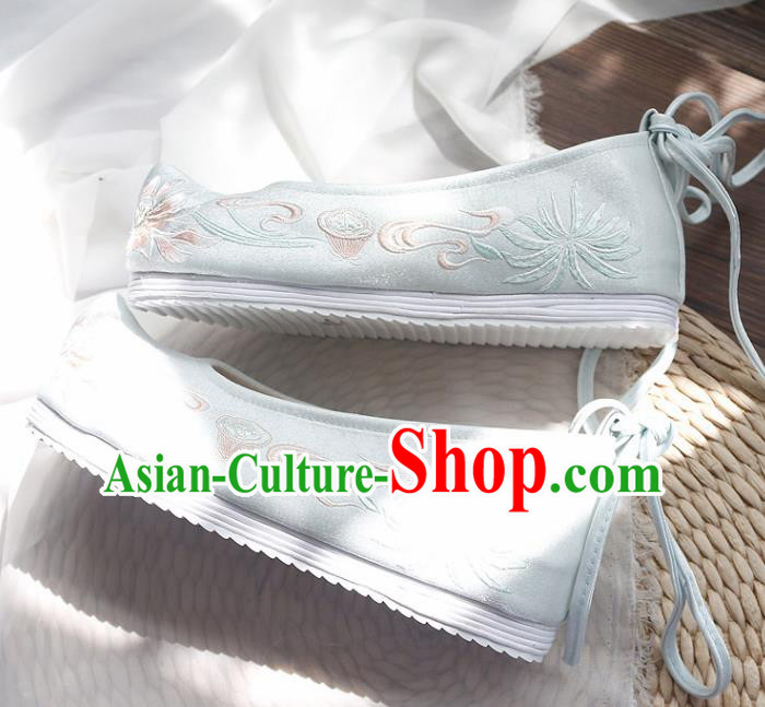 Asian Chinese Embroidered Lotus Light Blue Bow Shoes Hanfu Shoes Traditional Opera Shoes Princess Shoes for Women