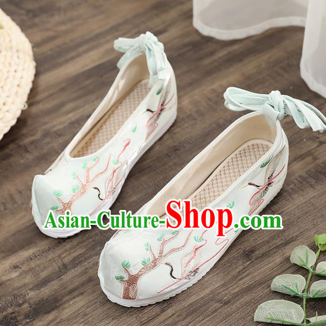 Asian Chinese Embroidered Pine Crane Blue Bow Shoes Hanfu Shoes Traditional Opera Shoes Princess Shoes for Women