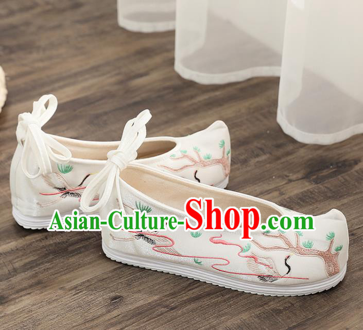 Asian Chinese Embroidered Pine Crane White Bow Shoes Hanfu Shoes Traditional Opera Shoes Princess Shoes for Women