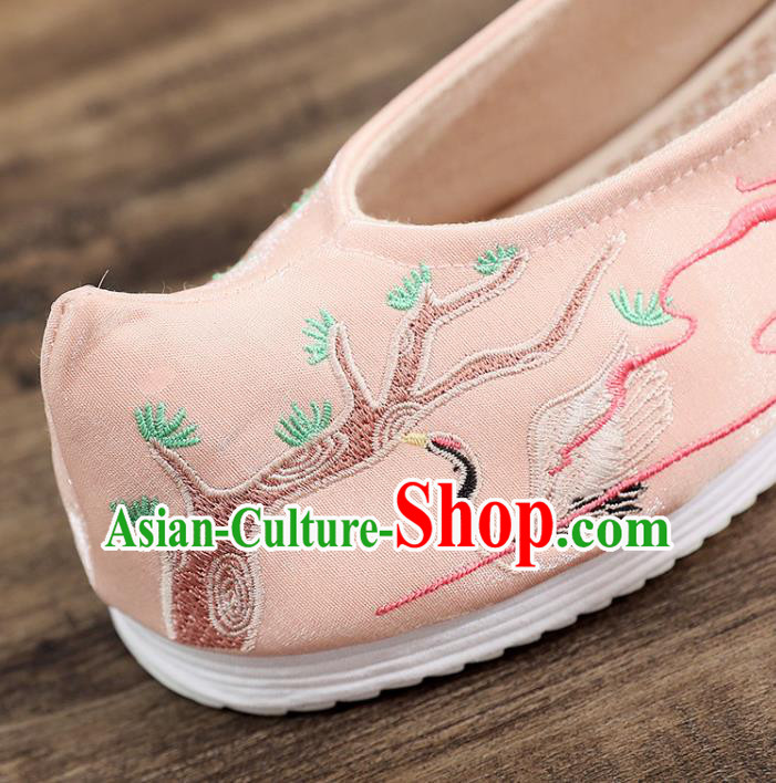 Asian Chinese Embroidered Pine Crane Pink Bow Shoes Hanfu Shoes Traditional Opera Shoes Princess Shoes for Women