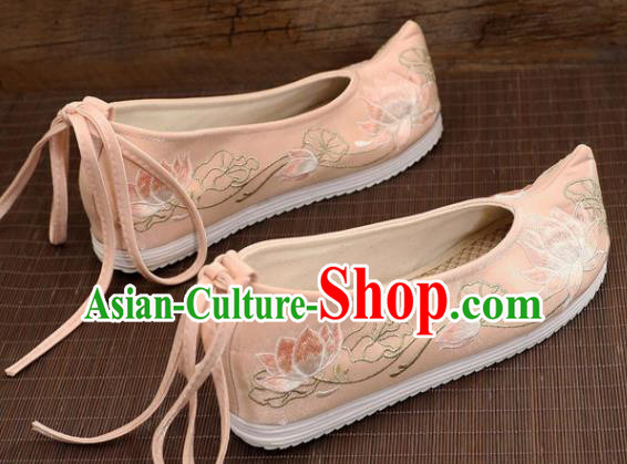 Asian Chinese Embroidered Lotus Pink Bow Shoes Hanfu Shoes Traditional Opera Shoes Princess Shoes for Women