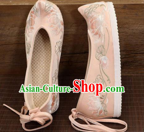 Asian Chinese Embroidered Lotus Pink Bow Shoes Hanfu Shoes Traditional Opera Shoes Princess Shoes for Women