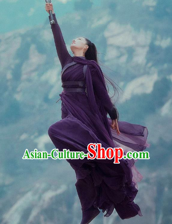 Chinese Ancient Female Swordsman Purple Dress Film Jade Dynasty Taoist Nun Lu Xueqi Replica Costumes for Women