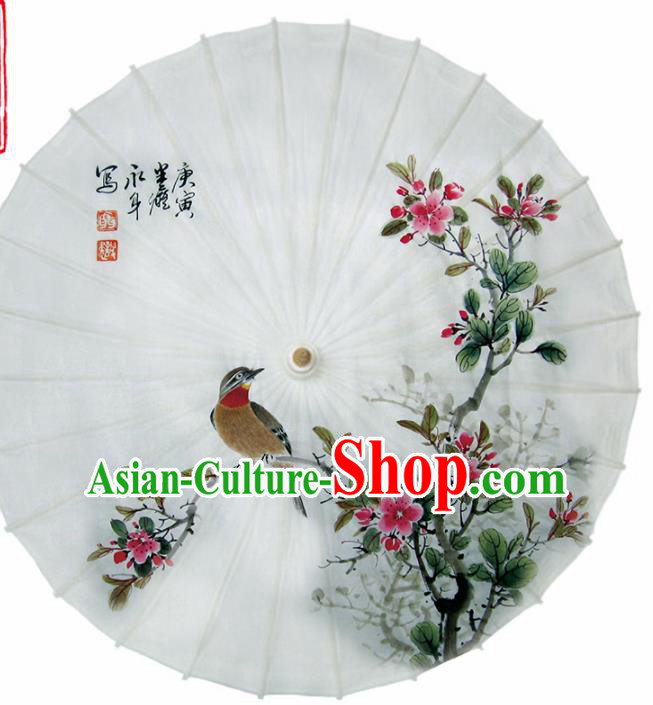 Chinese Traditional Printing Peach Blossom White Oil Paper Umbrella Artware Paper Umbrella Classical Dance Umbrella Handmade Umbrellas