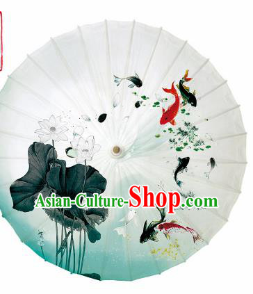 Chinese Traditional Printing Lotus Fishes Oil Paper Umbrella Artware Paper Umbrella Classical Dance Umbrella Handmade Umbrellas