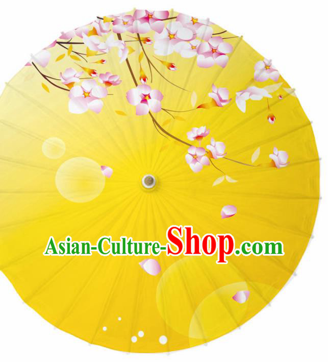 Chinese Printing Peach Blossom Yellow Oil Paper Umbrella Artware Paper Umbrella Traditional Classical Dance Umbrella Handmade Umbrellas
