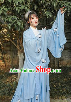 Chinese Drama Ancient Nobility Lady Blue Dress Traditional Jin Dynasty Court Costume for Women