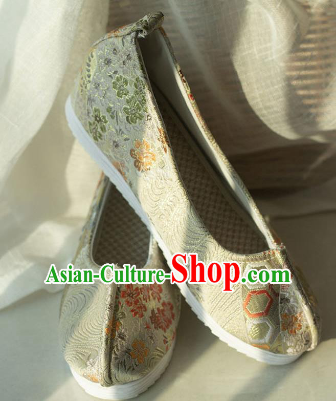 Asian Chinese Traditional Hanfu Beige Brocade Shoes Ancient Princess Shoes Handmade Shoes for Women