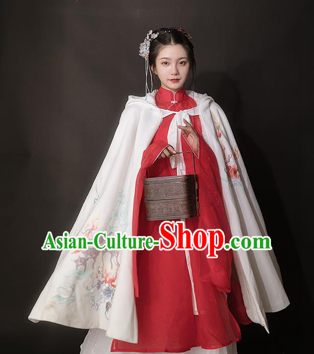 Chinese Ancient Hanfu Embroidered White Cloak Traditional Ming Dynasty Princess Costumes for Women