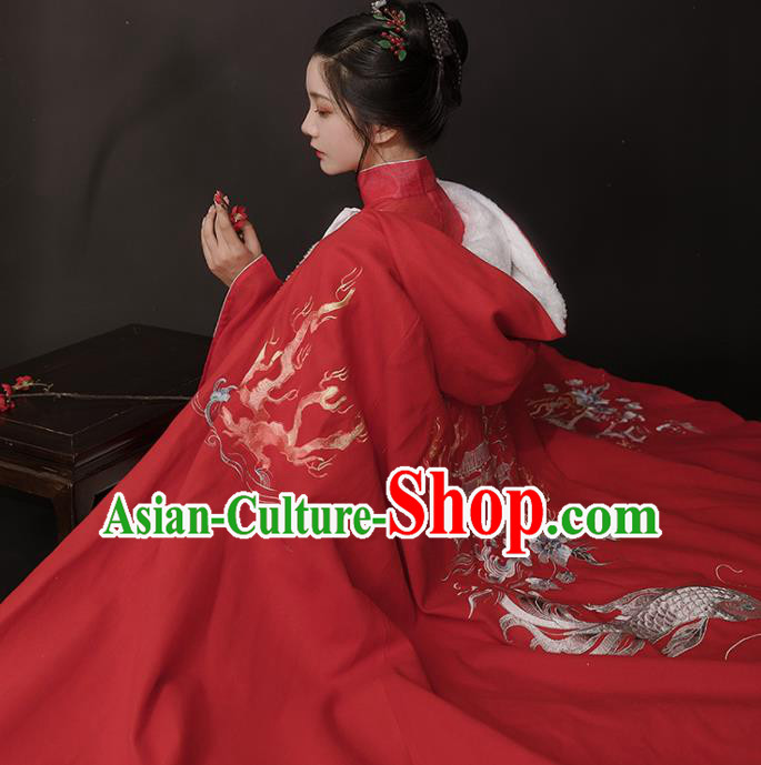 Chinese Ancient Hanfu Embroidered Red Cloak Traditional Ming Dynasty Princess Costumes for Women