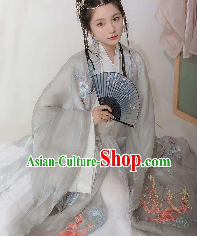 Chinese Ancient Hanfu Embroidered Grey Cardigan Traditional Ming Dynasty Princess Costumes for Women