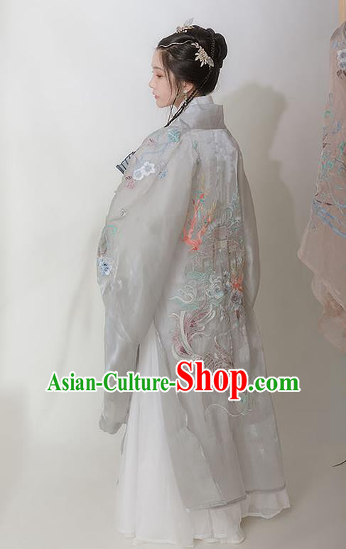 Chinese Ancient Hanfu Embroidered Grey Cardigan Traditional Ming Dynasty Princess Costumes for Women