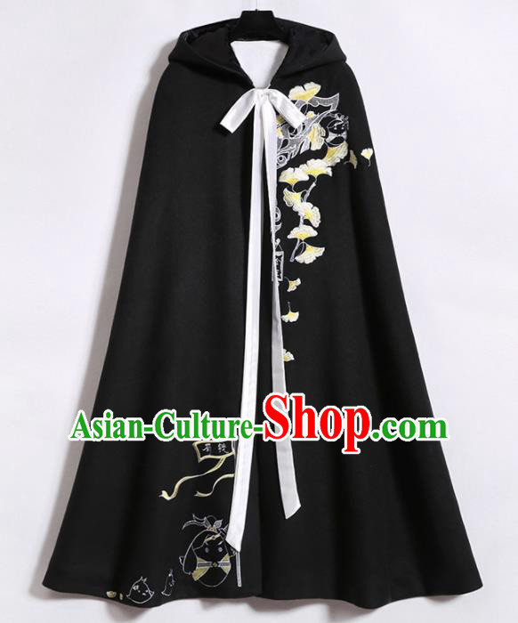 Chinese Ancient Swordsman Embroidered Ginkgo Black Cape Traditional Jin Dynasty Prince Clothing for Men