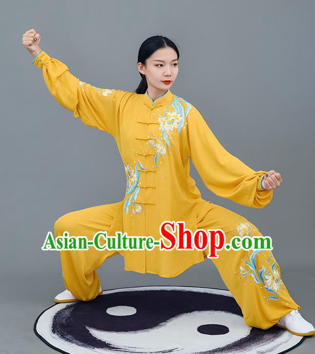 Chinese Traditional Tai Chi Performance Embroidered Epiphyllum Yellow Costumes Martial Arts Outfits for Women