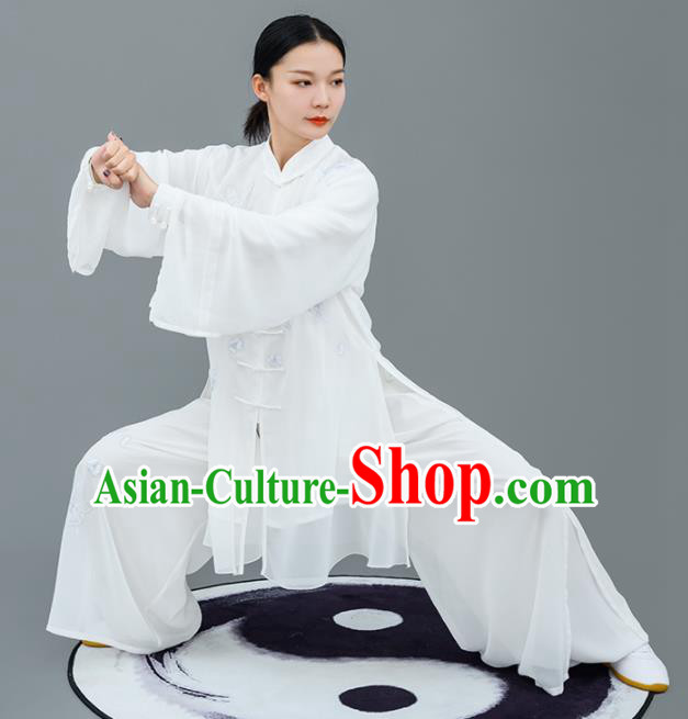 Chinese Traditional Tai Chi Training Embroidered White Costumes Martial Arts Performance Outfits for Women