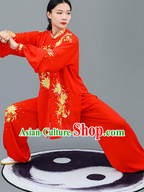 Chinese Traditional Tai Chi Training Embroidered Golden Flowers Costumes Martial Arts Performance Outfits for Women